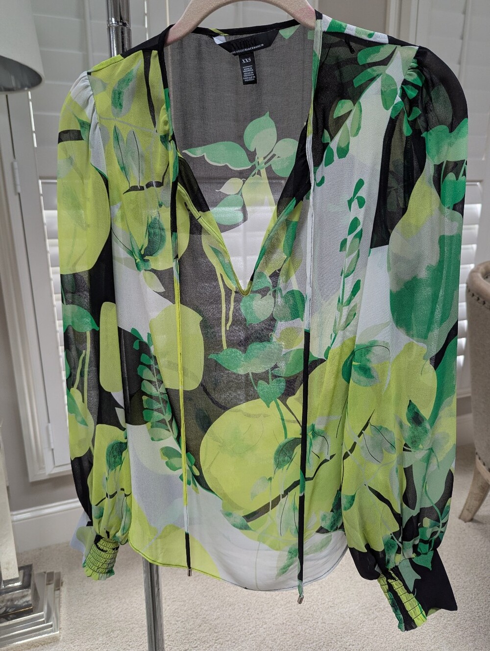 White House Black Market Sheer Lime & Green Floral V-Neck Blouse